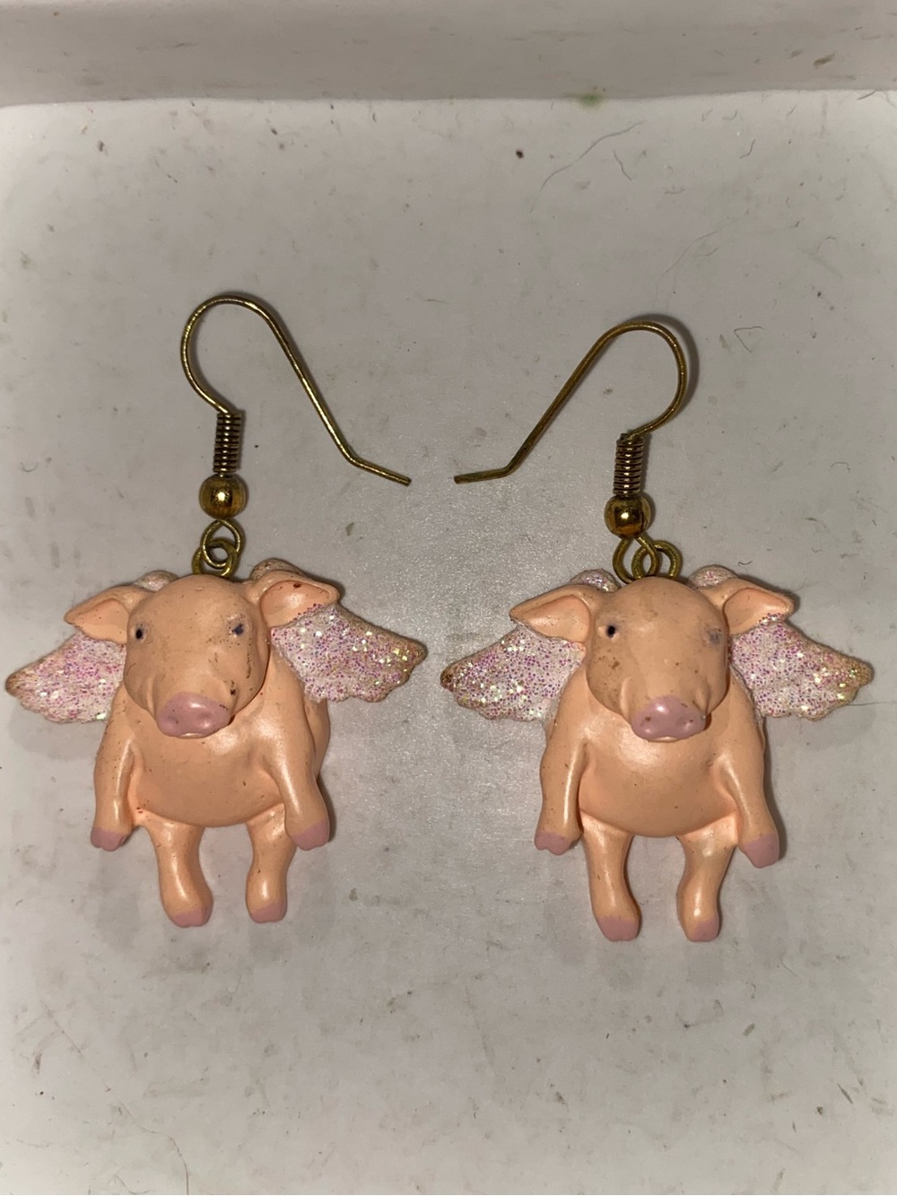 Pink Flying Pig Dangle Earrings with Glitter Wings